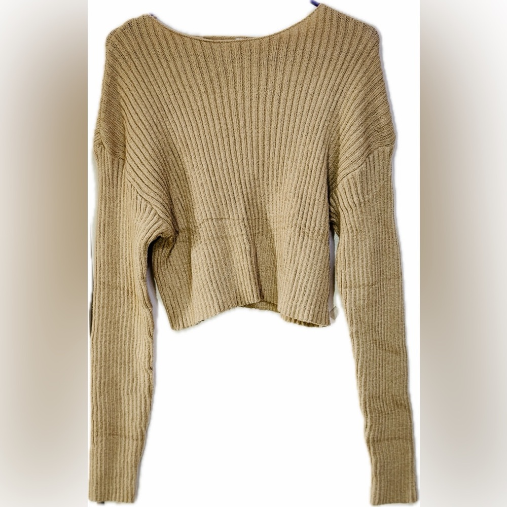 Tan Ribbed Knit Cropped Sweater Women’s Large Drop Shoulder Stretch Soft Neutral - Picture 2 of 3